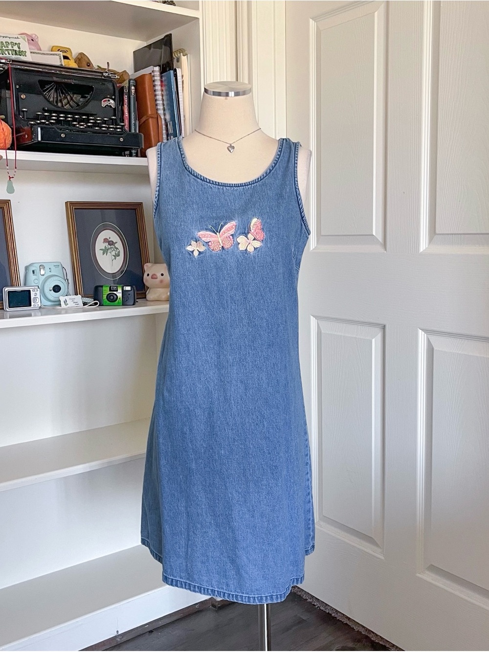 90s CB Casual Blue denim midi dress with pink butterfly embroidery with bejewels